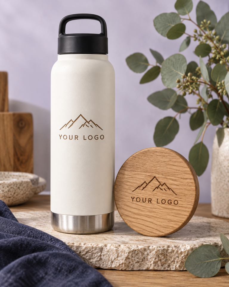 Cream drink bottle and round wooden coaster displaying a sample mountain logo and the words Your Logo.