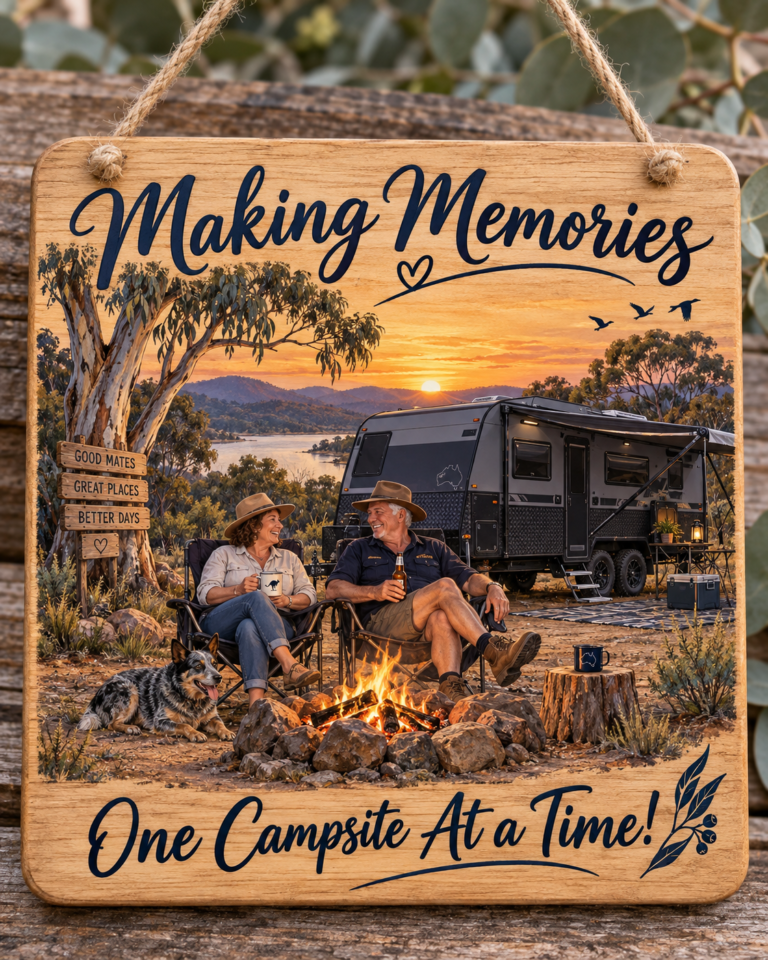 Wooden Making Memories plaque showing a couple beside a caravan and campfire, with One Campsite At a Time lettering.