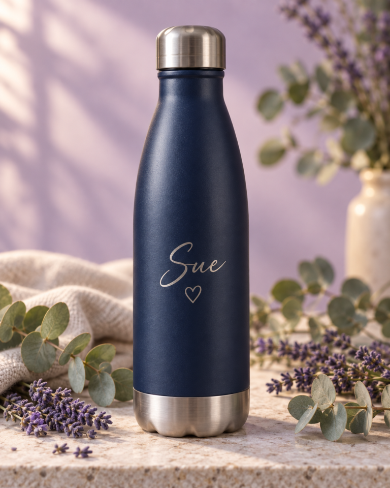 Navy insulated drink bottle engraved with Sue and a heart, surrounded by lavender and eucalyptus.