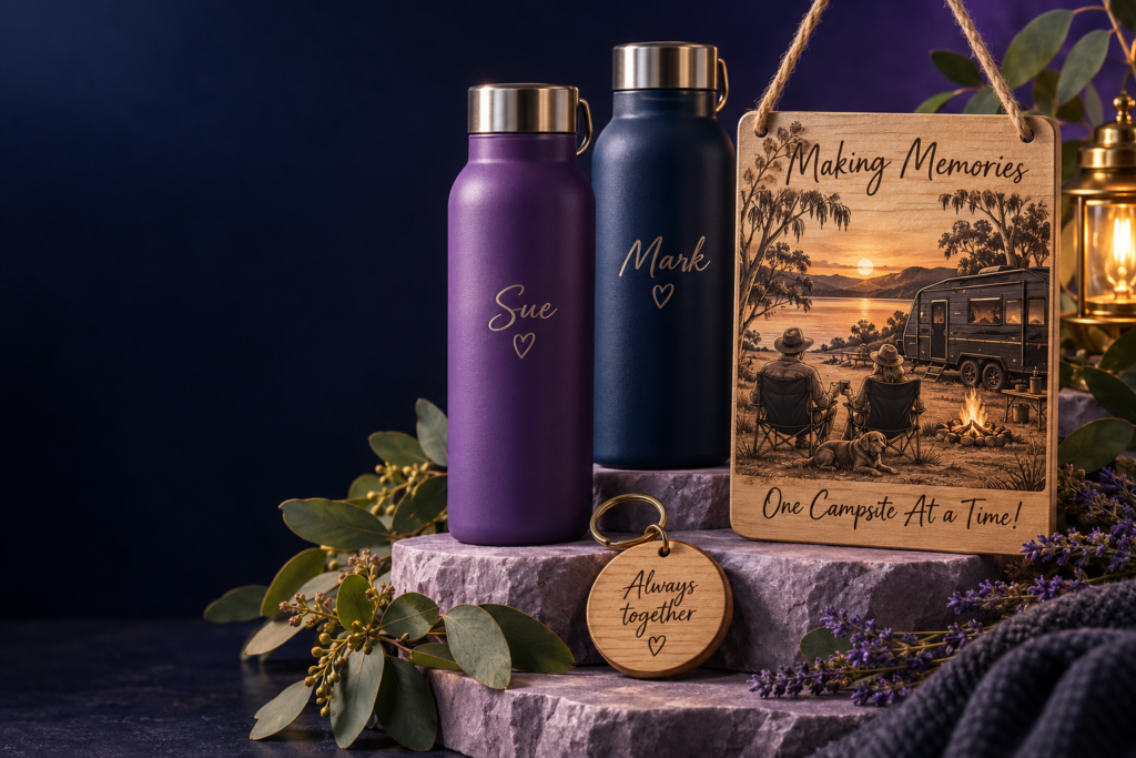 Purple and navy bottles engraved with Sue and Mark, a wooden Always together keyring and a Making Memories caravan plaque.