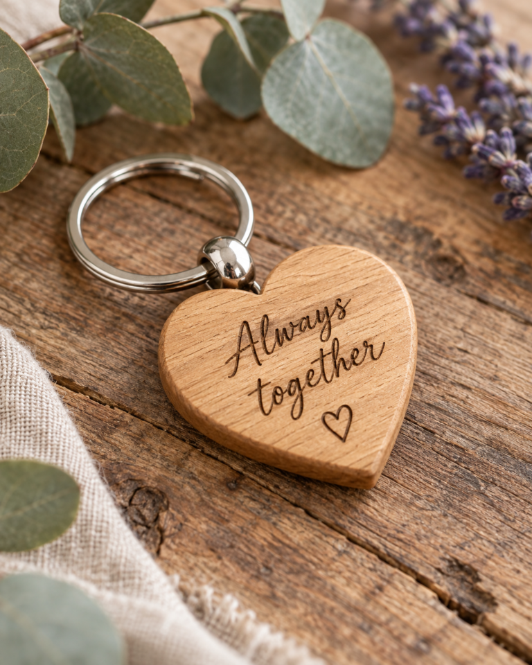 Heart-shaped wooden keyring engraved with Always together and a small heart.